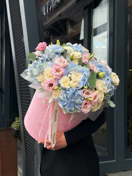 Композиція гортензій, троянд та еустоми 